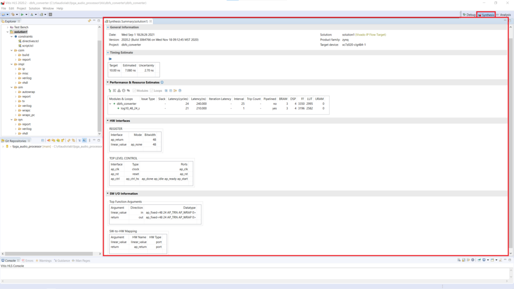 Synthesis Summary Report in the Synthesis View