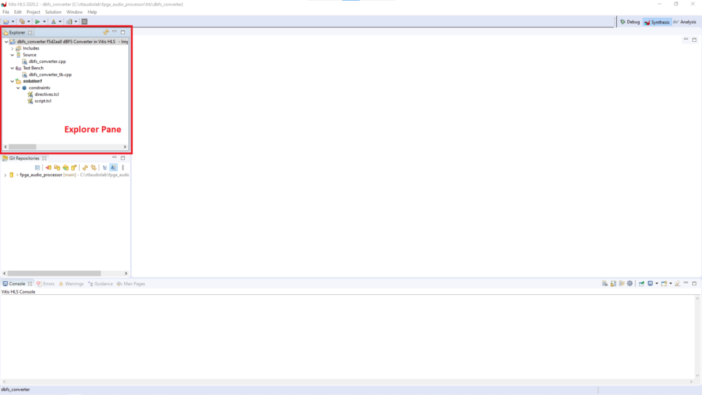 Vitis HLS Wokrspace Window and 'Explorer' Pane